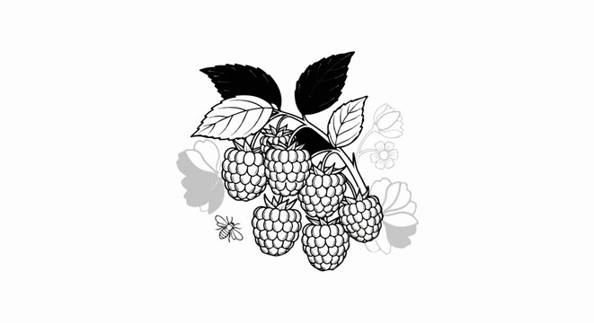 Black and white drawing of raspberries on a vine with a bee
