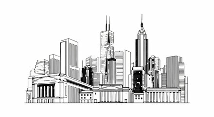 Obraz premium Striking black and white line art of a modern cityscape with iconic skyscrapers