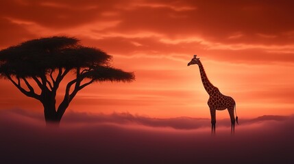 Fototapeta premium Giraffe Giraffe silhouetted against the deep orange glow of an African sunset.