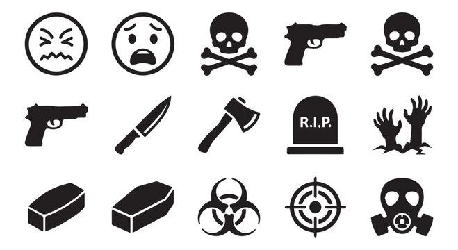Collection of black icons depicting horror and violence symbols, including weapons and death imagery.