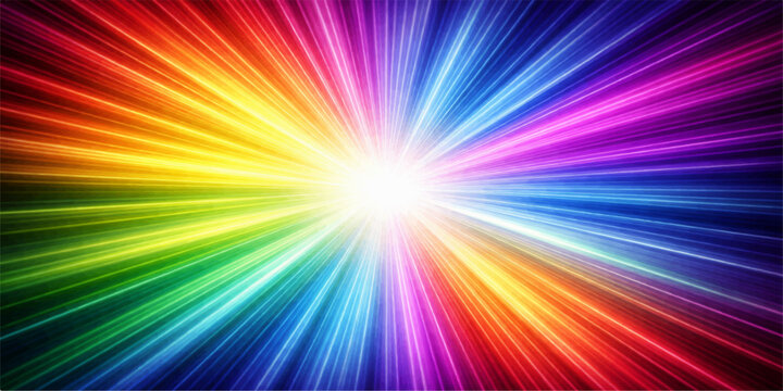 Abstract rainbow background design featuring a bright burst of colorful rays and star patterns with a glowing light explosion texture for a vibrant vector illustration wallpaper backdrop