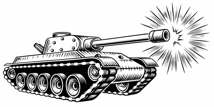Firing Military Battle Tank Illustration - Vintage Army Weapon Sketch