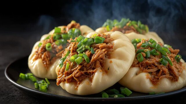 Close-up of steaming bao buns with minced pork and green onion filling, glossy soft dough texture, steam catching the light, dark moody background, premium Asian food still life