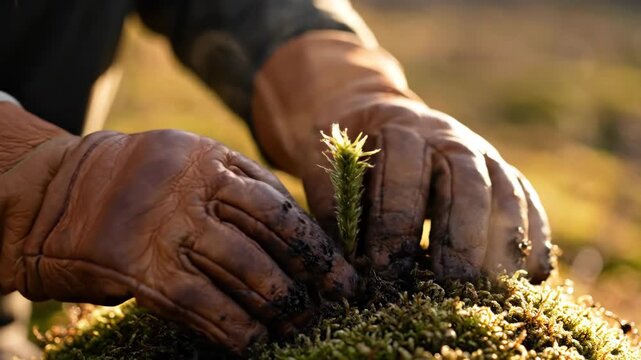 Brown leather glove gently plants delicate green seedling into soft moss. Careful handling ensures future growth, inspiring hope for new plant life