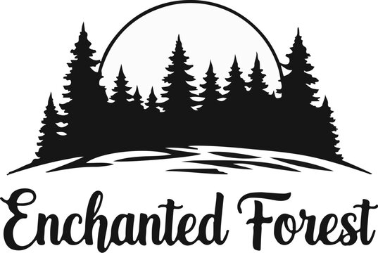 Silhouette of pine trees against a half-circle sun with stylized water below