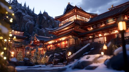 Obraz premium Serene Twilight at Historic Chinese Mountain Monastery Villa