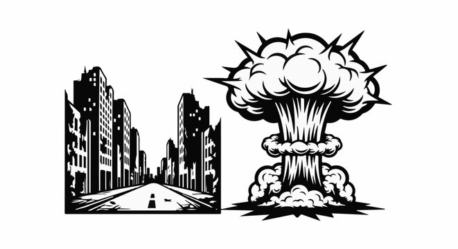 Stylized black and white depiction of urban destruction and a mushroom cloud explosion