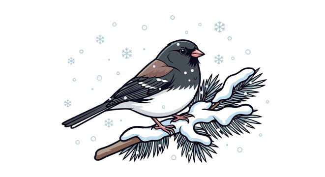 Dark-eyed junco perches on a snow-covered pine branch amid falling snowflakes
