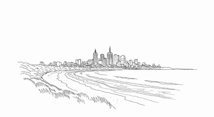Fototapeta premium Sketch of a coastal city skyline with a sandy beach and grassy dunes in foreground