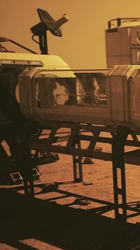 A Martian habitat is seen on the surface of Mars. The structure is connected to a transport module. The ground shows rocks and dust under a golden sky. Signs of exploration are present.