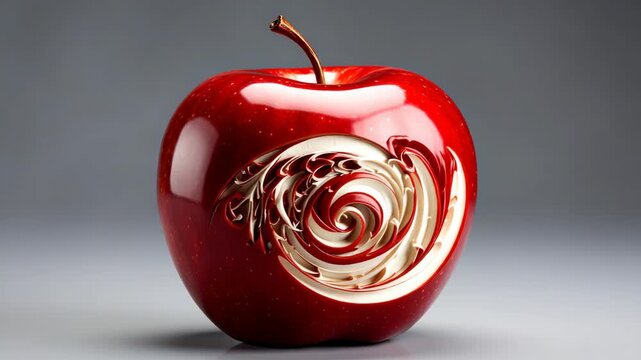 Close up of a glossy red apple featuring a unique spiral wave carving in a studio setting