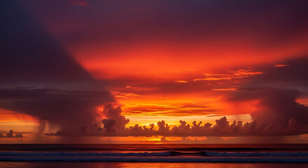 Fototapeta premium Sunset Over Ocean Horizon Fiery Red Sky After Storm