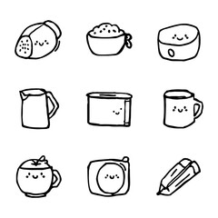Obraz premium Cute Hand‑Drawn Household Icon Set: Salt Shaker, Measuring Cup, Rice Cooker, Pitcher, Container, Mug, Apple, Tape Roll, Pencil with Sharpener....!