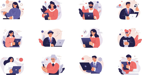 Fototapeta premium Diverse individuals engaged in digital tasks with modern devices