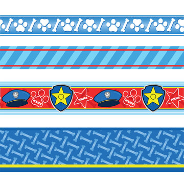 Blue Police Puppy Border Stripes Seamless Pattern