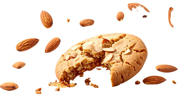 A partially eaten cookie surrounded by almonds, floating against a black background