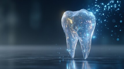 Transparent illuminated tooth model representing dental prosthesis and digital dentistry concept, highlighting restoration, implant planning, and biomaterial innovation.
