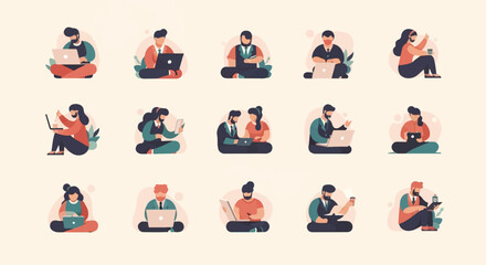 Fototapeta premium Diverse people in various poses using laptops and devices