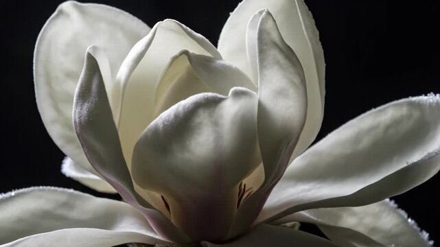 Elegant white magnolia blossom petals unfurl, revealing serene tranquil beauty. Delicate creamy flower glows, captivating close up against deep black