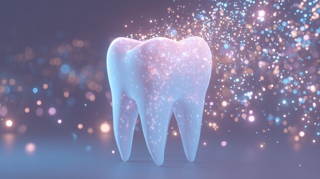 Single stylized tooth with sparkling particles representing dental prosthesis and dentistry, symbolizing restoration, prosthetic planning, and oral rehabilitation.