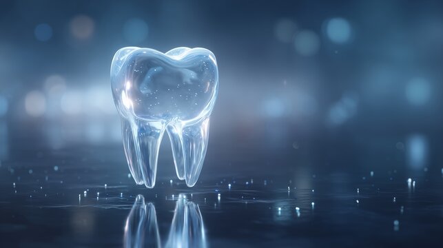 Single translucent tooth model on reflective surface representing tooth replacement dentistry and prosthetic restoration concept.