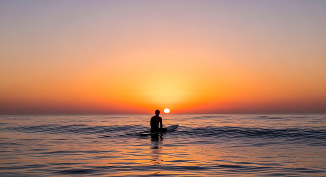 Sunset Over Ocean Horizon Silhouette Surfboard Waiting