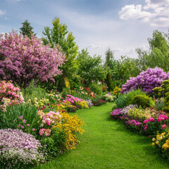 Obraz premium Beautiful Lush Flower Garden with Grassy Path