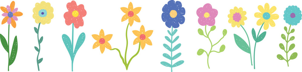 Cute hand drawn spring flower doodle set in bright pastel colors. Trendy playful vector florals for kids design, greeting cards, posters, stickers, social media, prints and cheerful branding. © Jonal