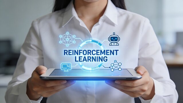 Woman holding tablet with Reinforcement Learning concept on screen
