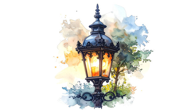 Watercolor of an ornate, black streetlight with glowing amber light against painted foliage