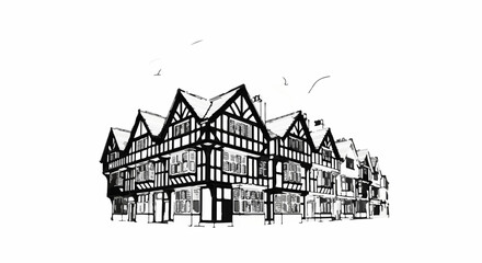 Obraz premium Sketch of historic Tudor-style buildings with multiple windows and gabled roofs