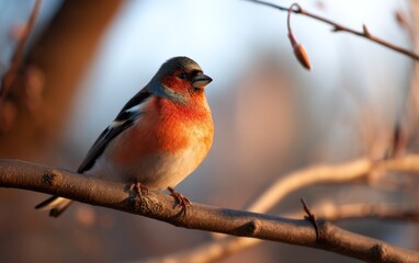 Colorful Finch Perched on Branch Under Warm Hues of a Glowing Sunset