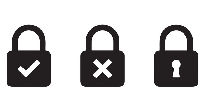 Three black padlock icons with different security symbols on a Transparent Background