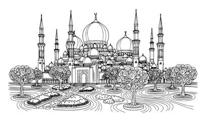 Islamic mosque landscape line drawing domes minarets trees vector © Suchana
