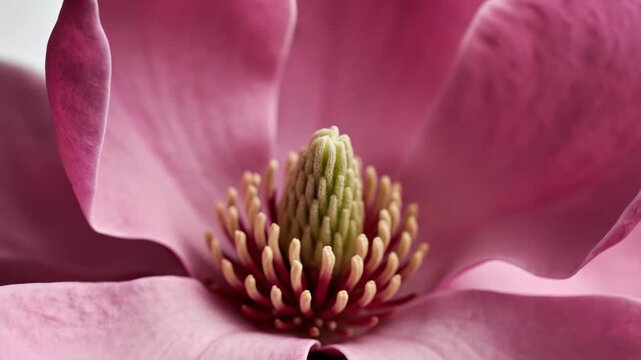 Vibrant pink magnolia flower blossom extreme close up, showcasing delicate petals and intricate center. Natures beauty unfolds with elegant freshness