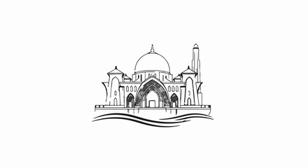 Naklejka premium Sketch of a grand mosque with a central dome and minaret