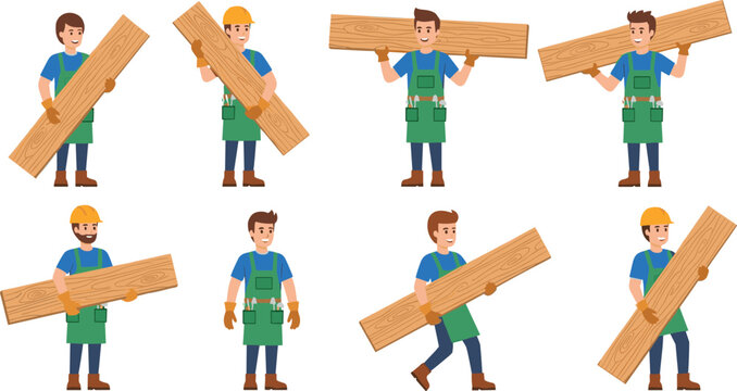 Carpenter Workers Carrying Wooden Planks Vector Illustration Set Showing Construction Builders Holding Timber Boards in Different Poses for Building and Woodwork Concepts