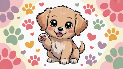 Obraz premium Cute cartoon puppy dog with paw up smiling surrounded by colorful hearts and paw prints on white background playful and happy illustration for kids or pet lovers fun and cheerful