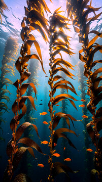 Giant Kelp Forest Stretching Vertically from Ocean Floor to Sunlit Surface Long Brown Fronds with Dappled Light and Orange Fish Vertical Underwater Nature Photography Portrait