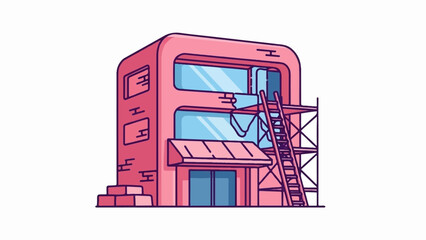 Fototapeta premium Pink building undergoing renovation with scaffolding and ladder