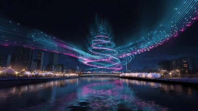 川辺の夜空に描かれるドローン光のツリー