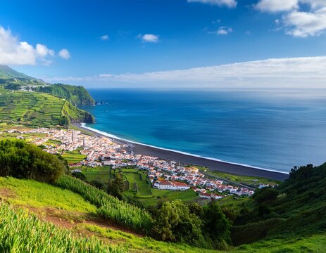 the city of ribeira grande seen from praia do monte verde with the beach and its coastline sao miguel island azores