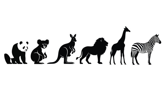 A group of animals with a zebra and a giraffe vector silhouette
