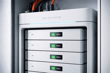 Battery system racks storing fully charged clean energy with indicator lights, providing sustainable power solutions for residential and commercial applications