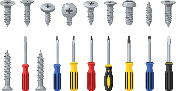 Screwdriver and screw hardware vector set with Phillips head screws, metal fasteners, and colorful hand tools for repair, construction, and maintenance work