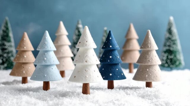 Decorative fabric miniature evergreen trees standing in white artificial snow for winter holiday celebration