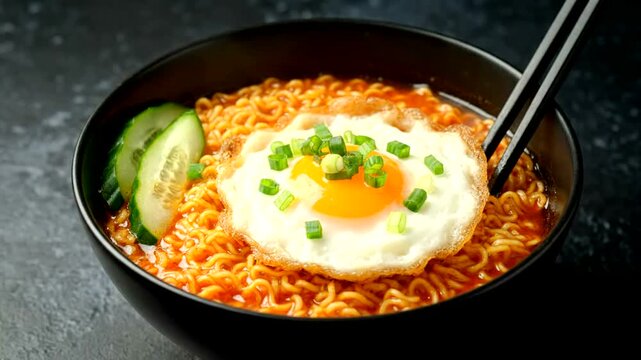 Spicy Korean Kimchi Fried Noodles Bowl.