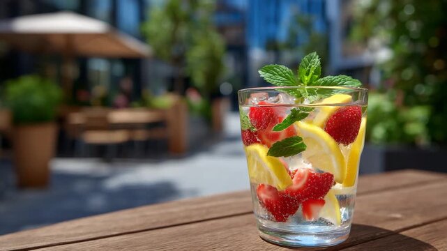 Glass filled with chilled fruit and water, strawberries and citrus floating inside, wooden table foreground, shallow focus, softly blurred background, bright and refreshing drink s
