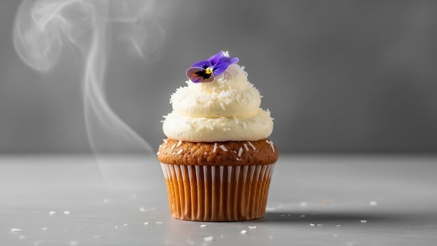 A single cupcake with white frosting and a purple flower on top with smoke rising