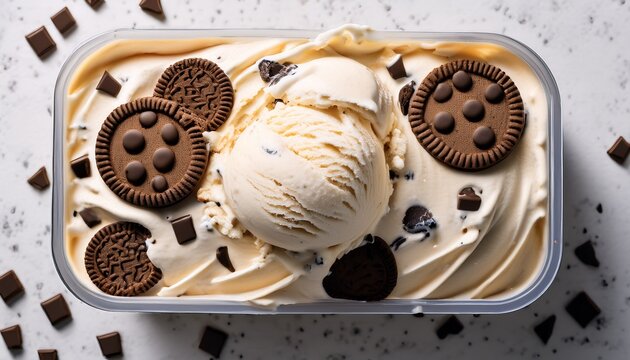 top view of cookies and cream ice cream surface a closeup of the cookies and cream ice cream texture showing its smooth creamy base mixed with chunks of chocolate cookies